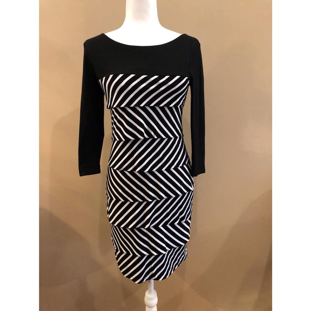 White House Black Market 3/4 Sleeve Layered Tiered Stripe Sheath Dress, Sz XS
